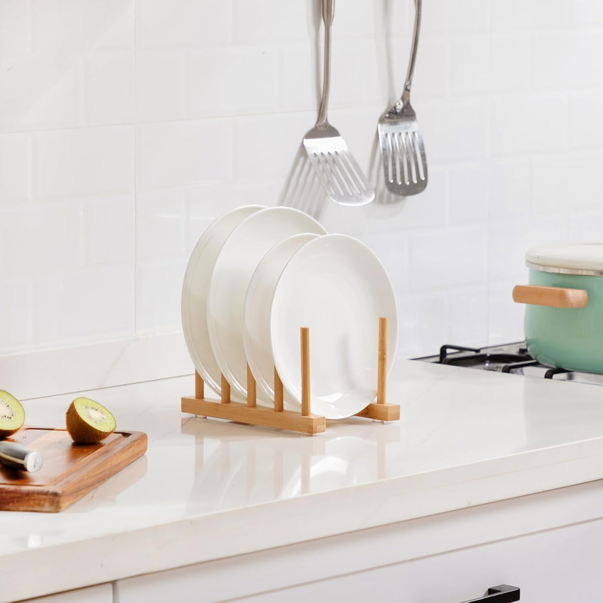 Bamboo Dish Drying Rack for Kitchen Counter and Cabinet, Dish/Book/Plate/Bowl/Cup/Cutting Board/Pot Lid Organizer for Kitchen, Living Room, Study, Display Cabinet (4 Slots)