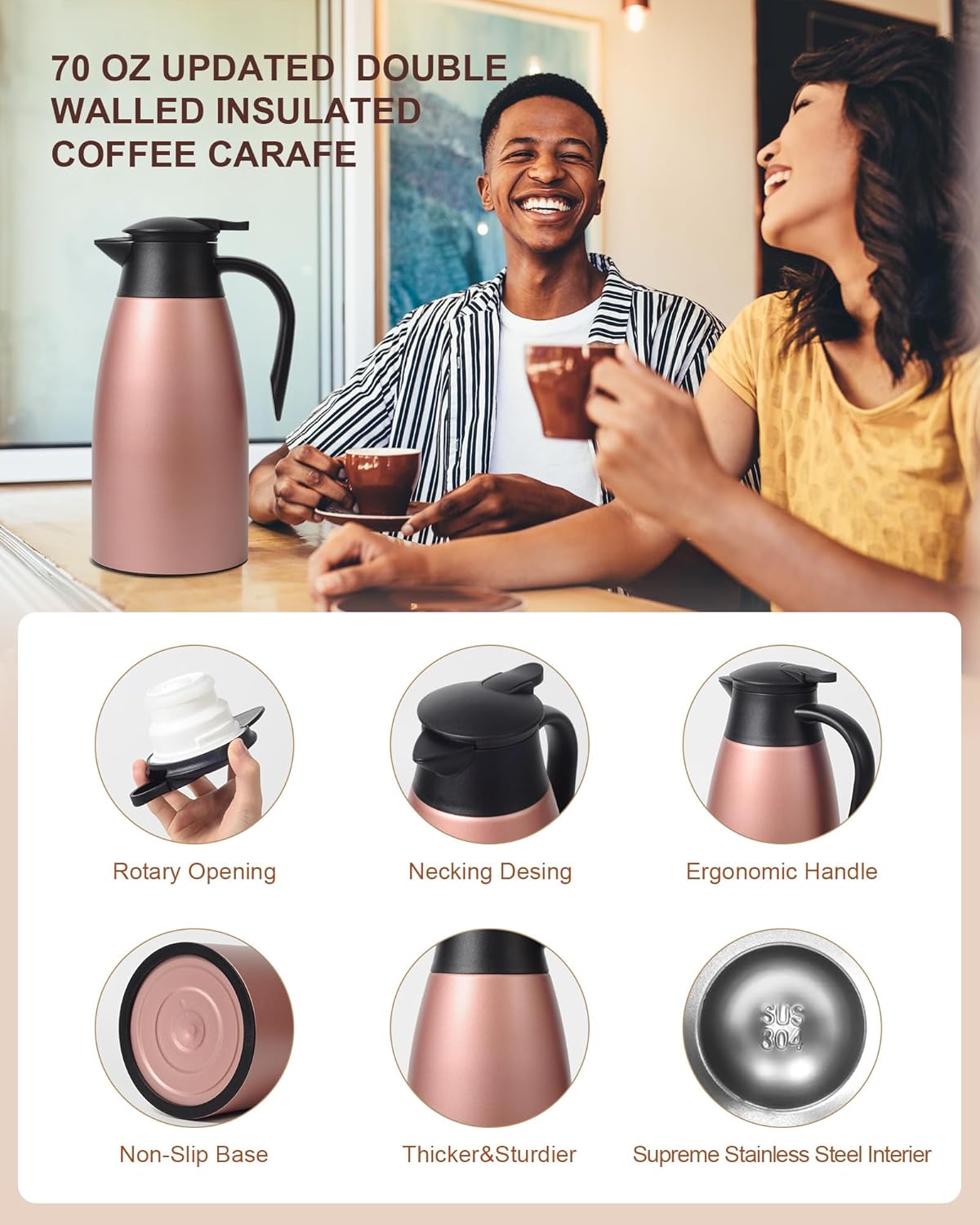 70 oz Thermal Coffee Carafe for keeping hot, Updated Carafe for hot liquid, Airpot Insulated Stainless Steel Vacuum Thermal Pot for Coffee, Hot Water,Keep Hot 12 Hours (pink+pink)