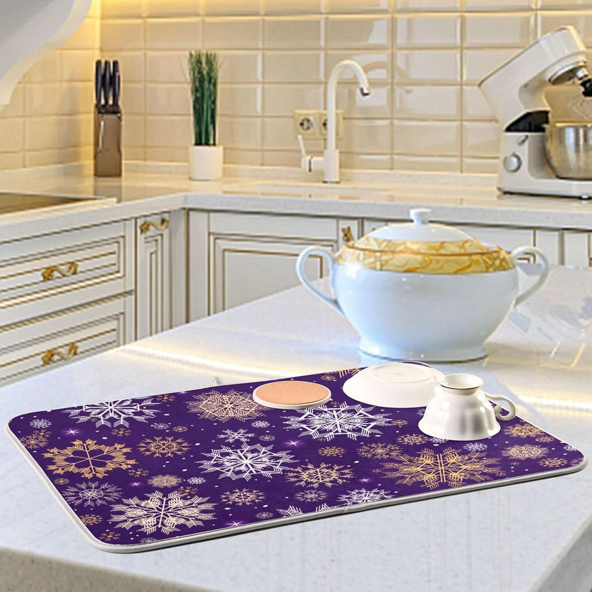 Christmas Purple Gold Snowflakes Dish Drying Mat for Kitchen Counter Absorbent Microfiber Drying Pad, Large 18x24 in, Reversible Drainer Mats