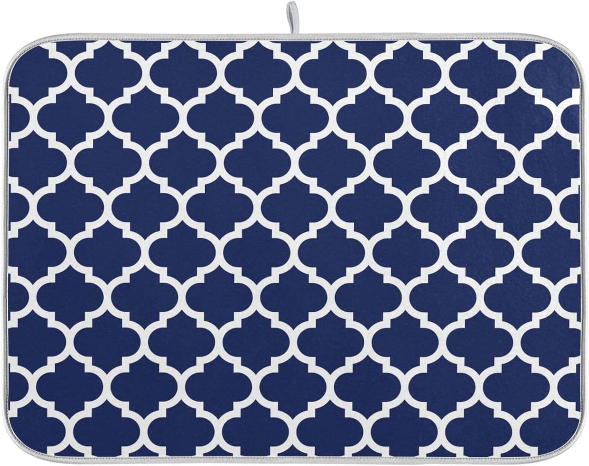 Navy Blue Trellis Lattice Dish Drying Mat for Kitchen Counter Absorbent Microfiber Drying Pad, Medium 16x18 in, Reversible Drainer Mats