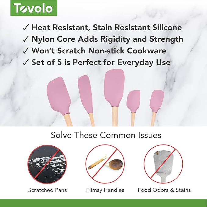 Tovolo Silicone Spatula with Wooden Handle Set of 5 Piece Silicone Kitchen Utensil Set Spoonula Jar Scraper Mini Spatula and Spoonula for Cooking Baking Mixing Folding Pink Sorbet