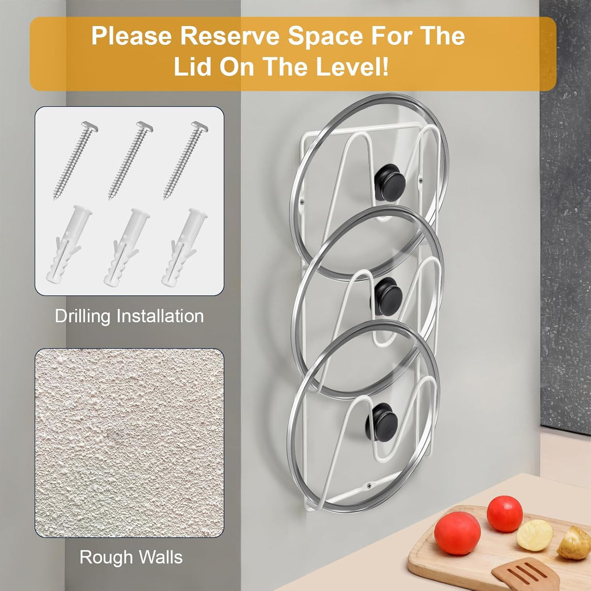 2 Pack Pot-Lid-Organizer, 6-Tier Pots and Pans Lid-Organizer for Cabinet Door/Wall, No Drilling Adhesive Wall/Door Mounted Rustproof Pot-Lid-Holder for Kitchen Organization - White