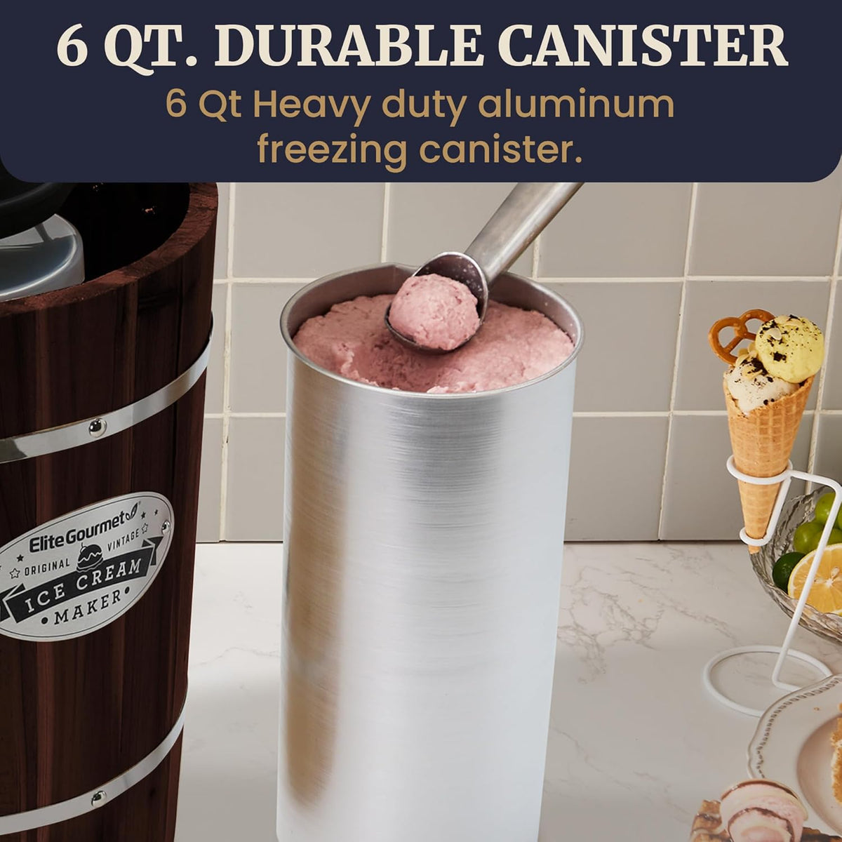 Elite Gourmet EIM949 Old Fashioned 6 Quart Vintage Walnut Wood Bucket, Electric Ice Cream Maker Machine Appalachian, Uses Ice and Rock Salt