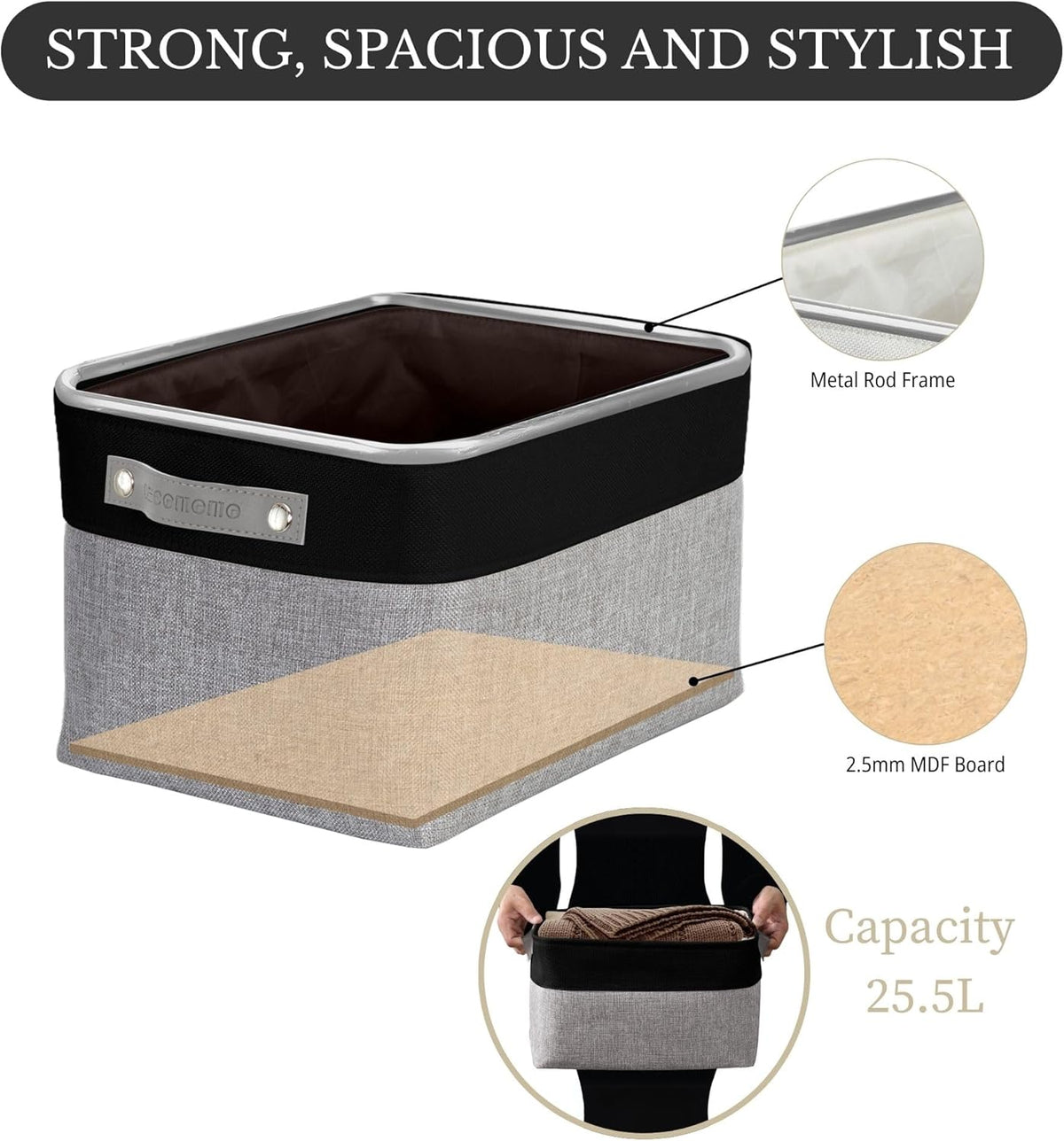 DECOMOMO Storage Baskets for Shelves - Fabric Storage Bins, Linen Closet Organizers and Storage (Grey & Black, Large - 3 Pack)