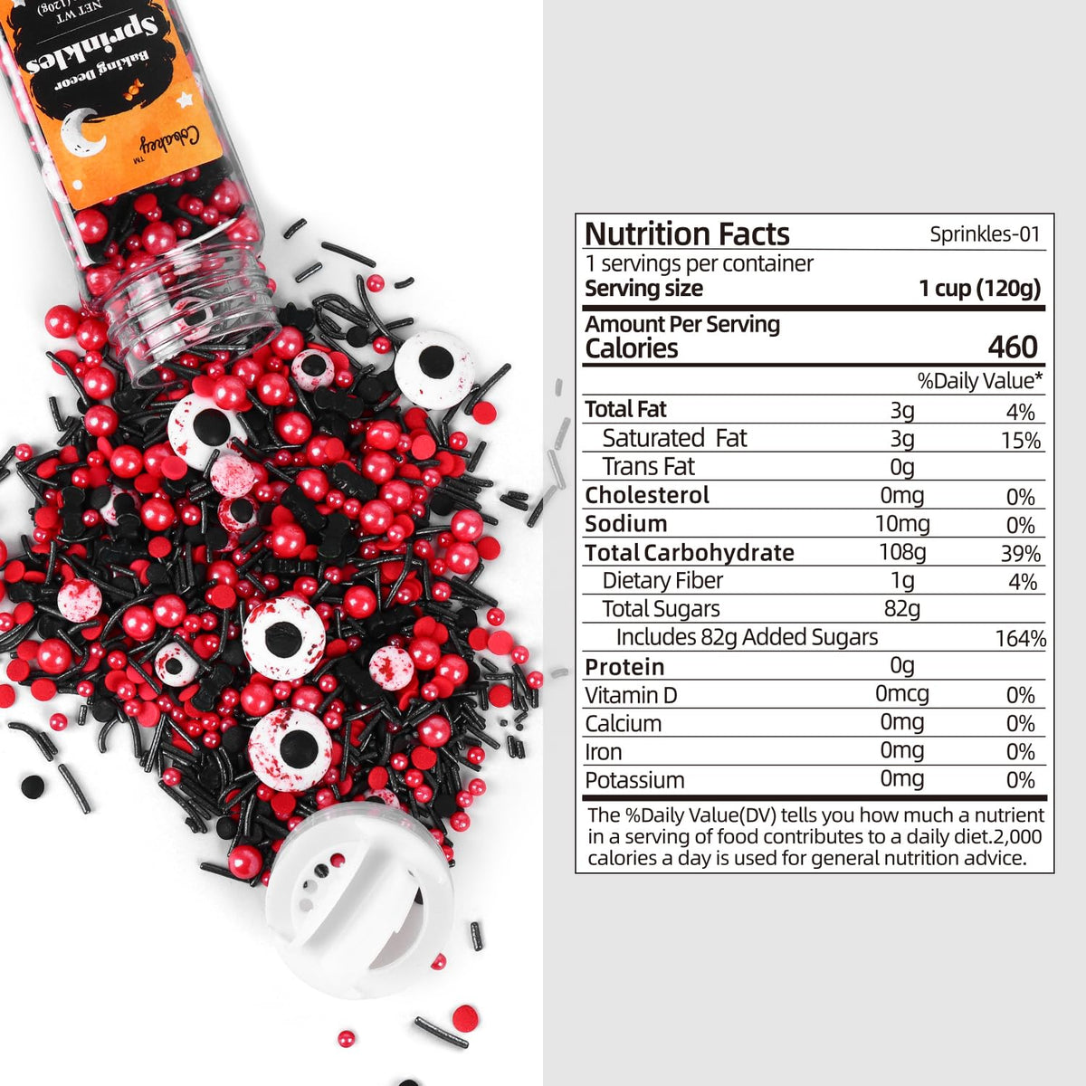 Halloween Sprinkles for Cake Decorating, Black & Red Pearl Sprinkles with Black Bats & Eyeball Candy, Perfect for Halloween Dessert Party 4.23 Ounce