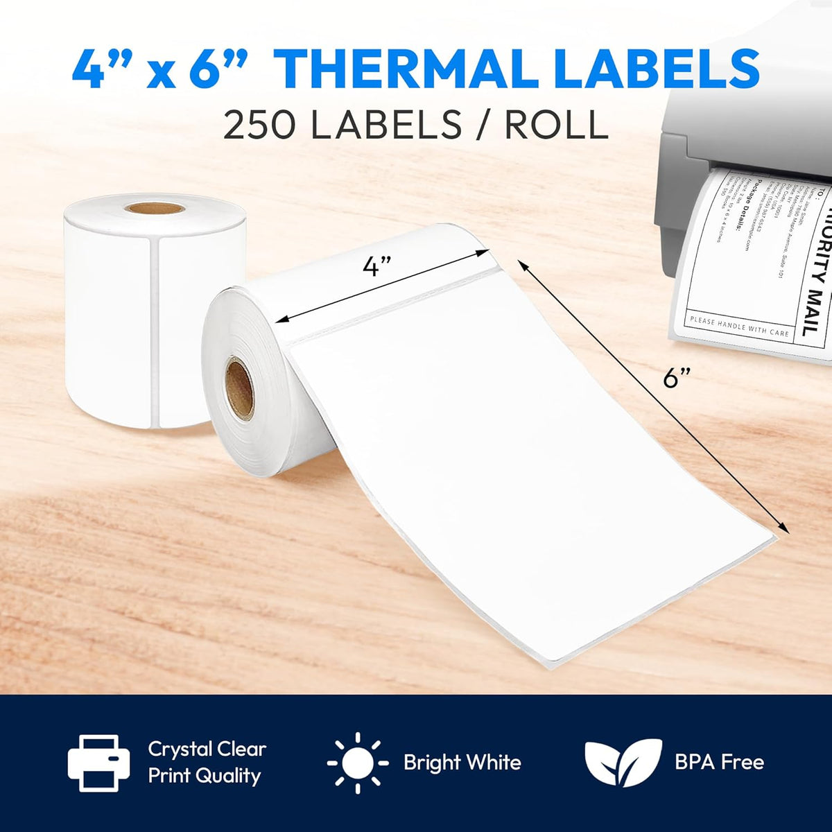 4x6 Direct Thermal Label, Barcode Address Mailing Name Shipping Labels, Perforated Thermal Stickers, Multipurpose, Commercial Grade for Thermal Printer, Strong Adhesive, 250/Roll, 4 Rolls
