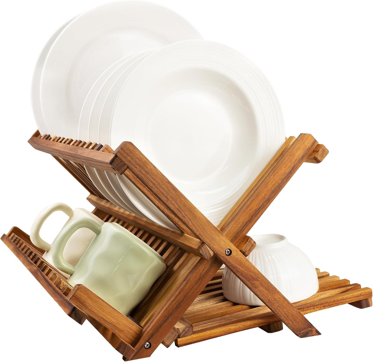 Utoplike 3 Tier Collapsible Teak Wood Dish Drying Rack, Foldable Large Capacity Dish Draine, Space-Saving Countertop Kitchen Organizer for Plates, Cups