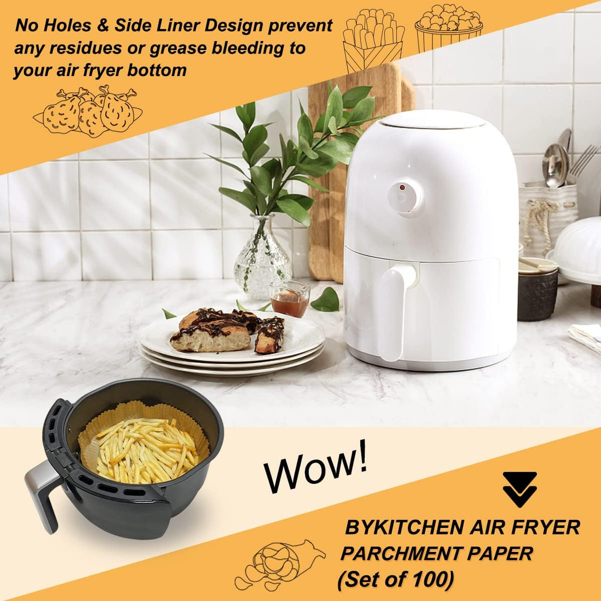 BYKITCHEN Air Fryer Parchment Paper for 2 to 5 QT, Set of 100, 8inch Round Airfryer Liners, Nonstick Air Fryer Filter Paper, Compatible with Ninja, Chefman Airfryer and More