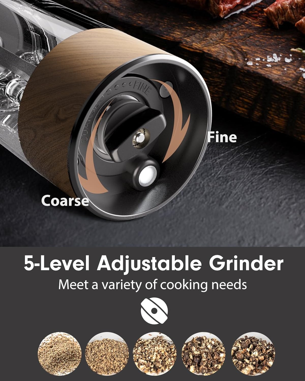 TOMEEM Upgraded Larger Capacity Electric Salt and Pepper Grinder Set Rechargeable with LED lights, Stainless Steel Automatic Pepper and Salt Grinder Refillable with 5 Adjustable Coarseness Wood Grain