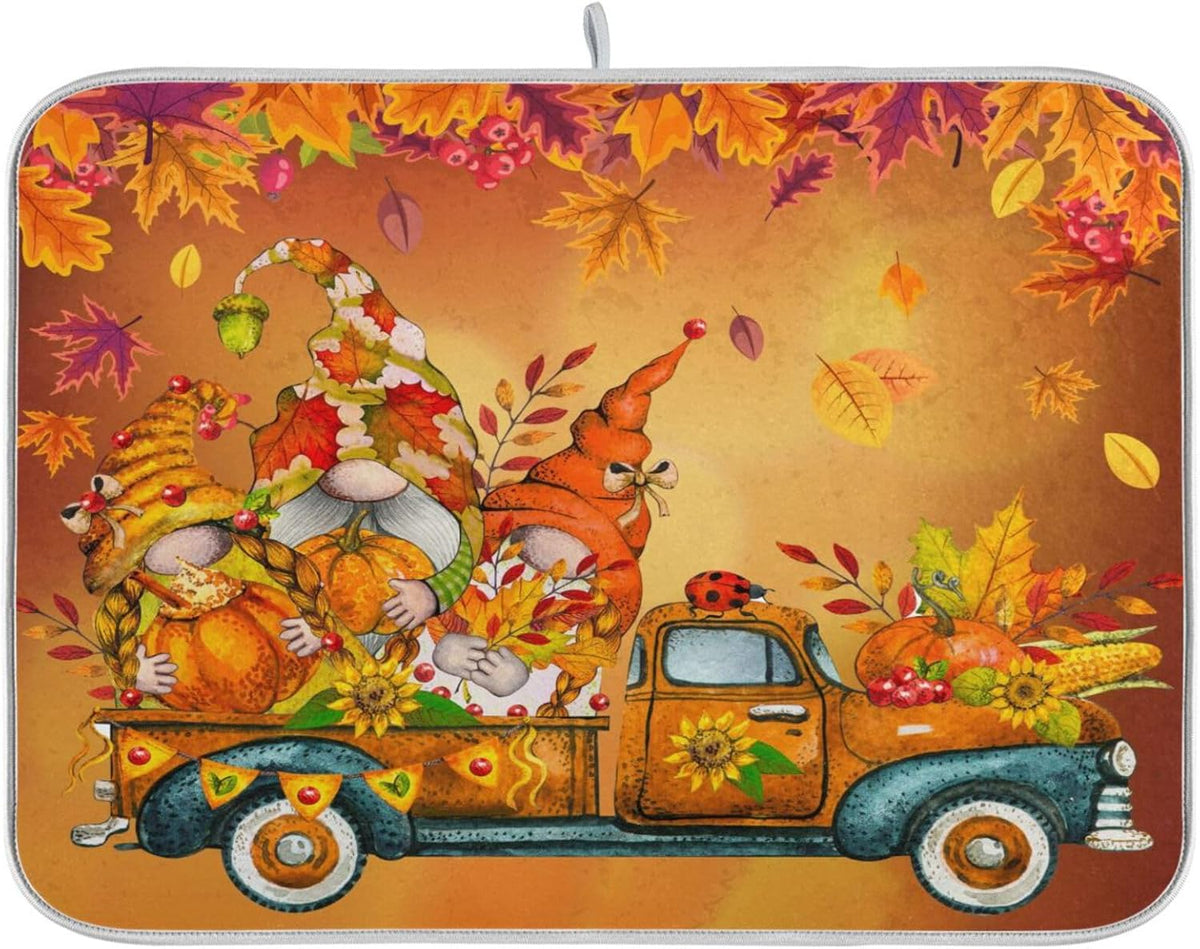 Thanksgiving Gnome Truck Autumn Dish Drying Mat for Kitchen Counter Absorbent Microfiber Drying Pad, Medium 16x18 in, Maple Leaves Reversible Drainer Mats