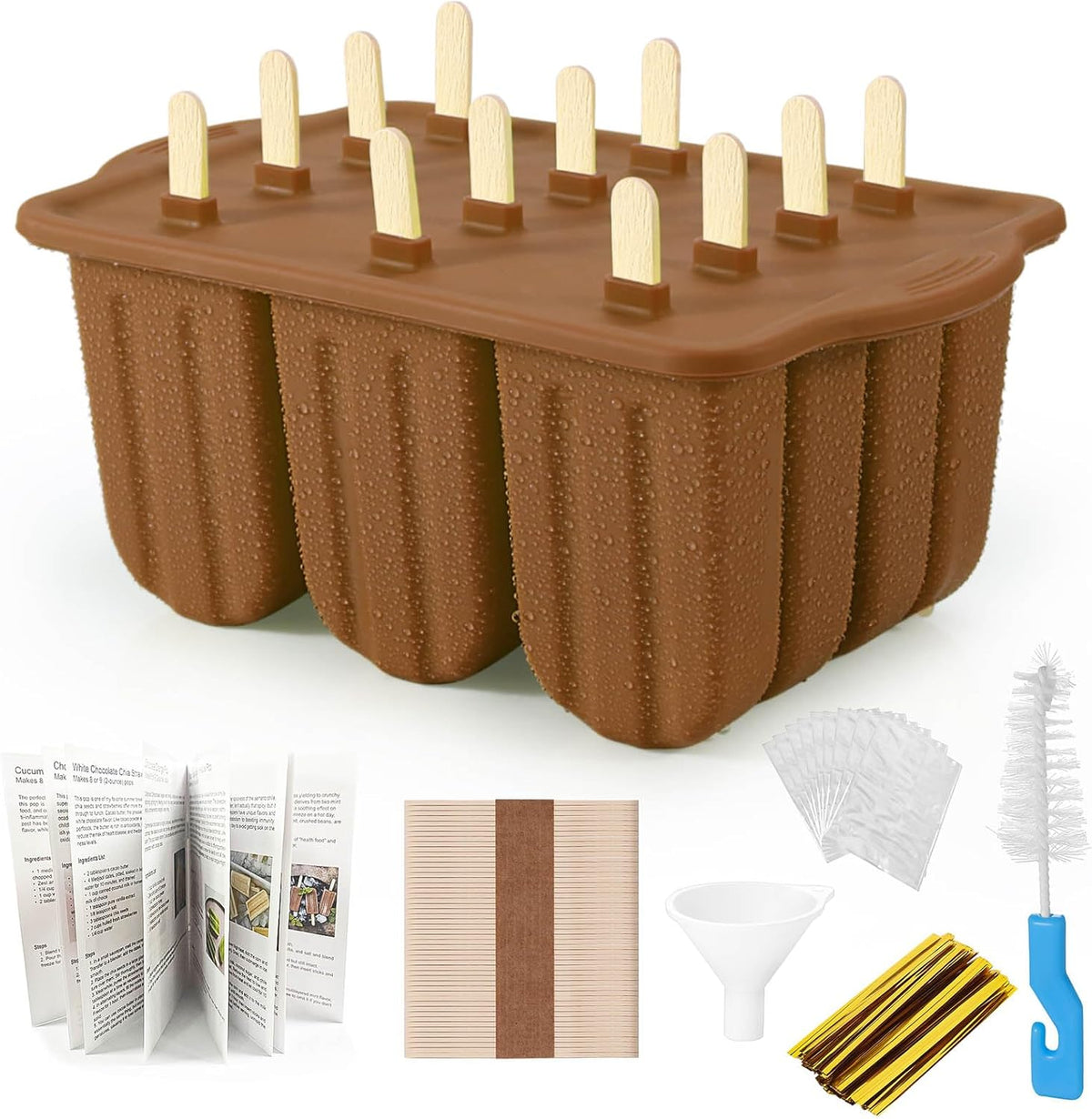 Silicone Popsicles Molds,Ice Pop Cream Mold Set Homemade Toddler Popsicle Maker For Kids Para Paletas De Helado Kulfi BPA Free, with 50 Sticks, 50 Bags,50 wire Ties (Chocolate brown)