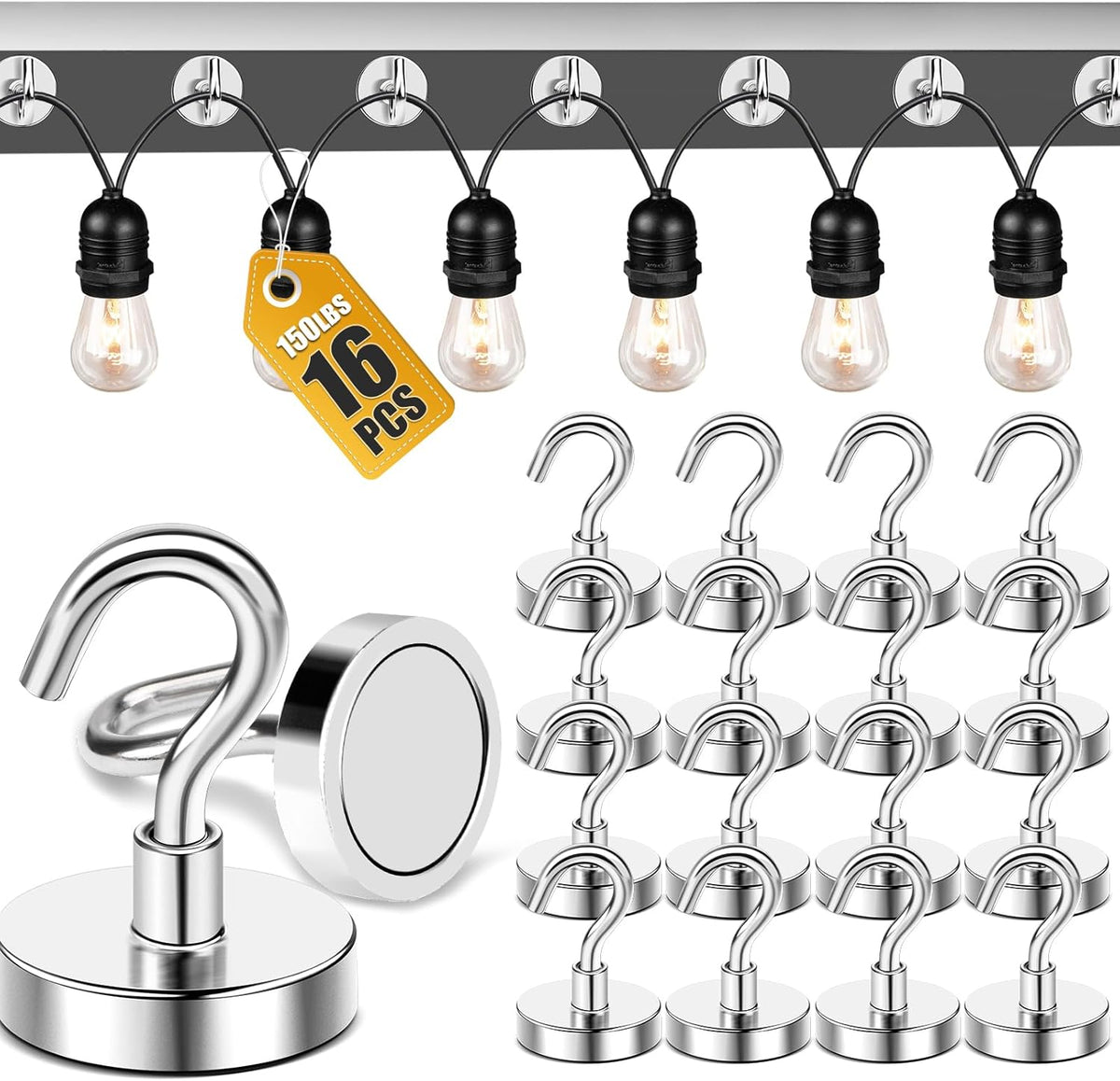 DIYMAG Outdoor Hooks for Hanging String Lights, Magnetic Hooks Strong 150lbs+ Hanging Party Light Wall Cable 2025 Cruise Cabin Ship Essentials Heavy Duty Strong Magnets for Outside Grill 16PCS