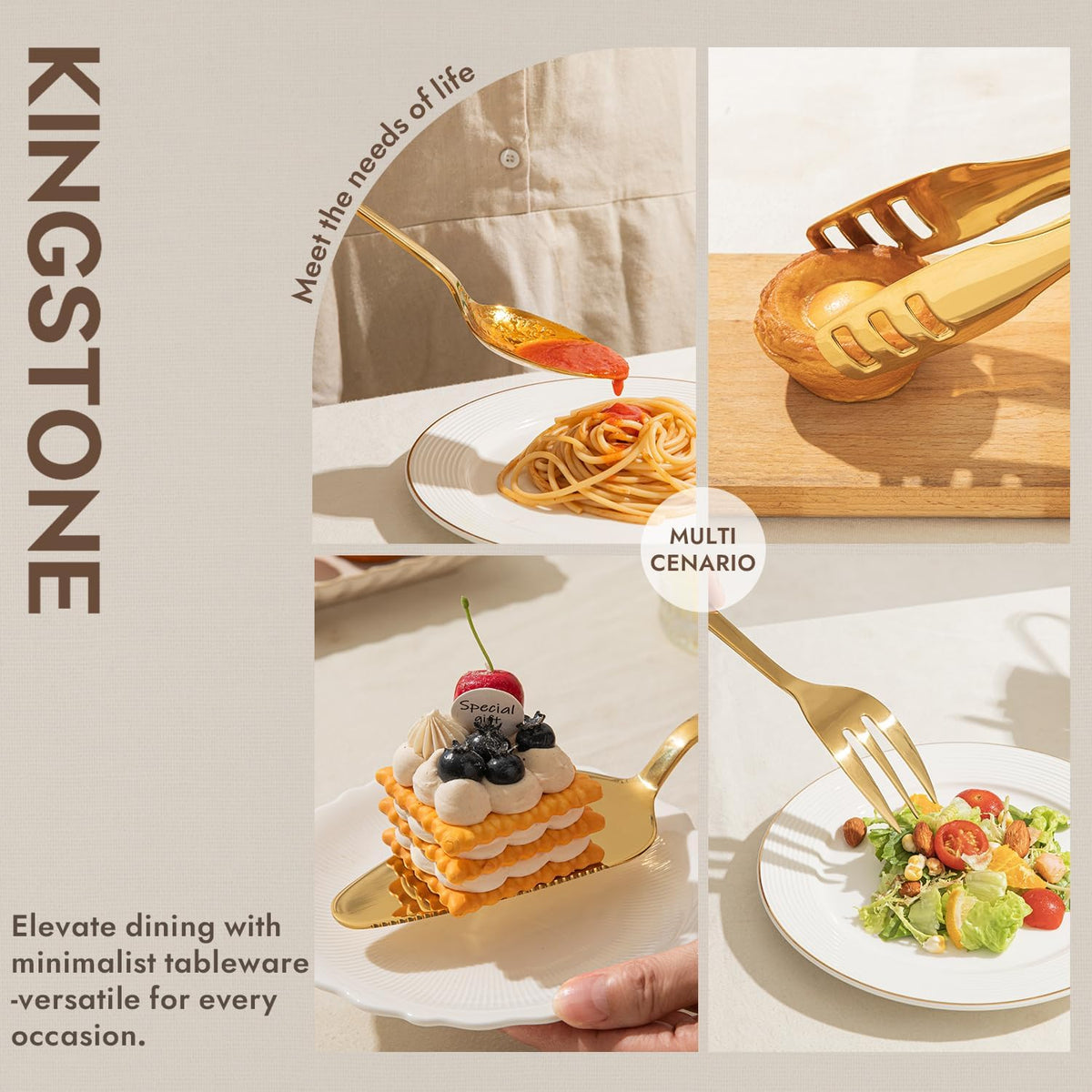 KINGSTONE Large Hostess Serving Utensils Set, Heavy Duty 18/10 Stainless Steel - 10 inch Serving Spoons, Slotted Spoons, Forks, Tongs, Cake Pie Server for Buffet, Wedding, Party, Gold