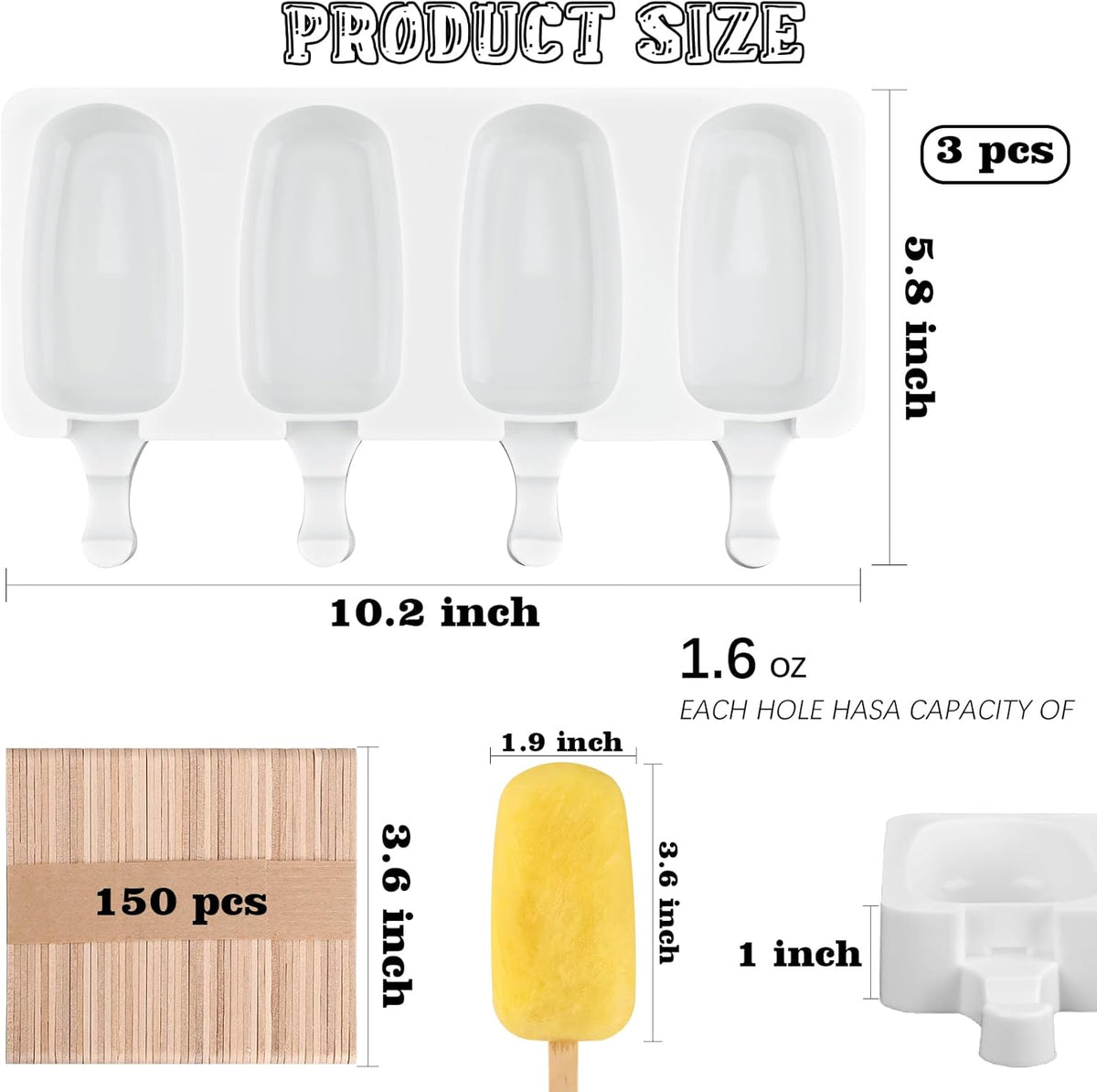 Sakolla Silicone Popsicle Molds Set of 3, Large Oval 4 Cavities Homemade Ice Pop Molds with 150 Wooden Sticks for Ice Cream, Cakesicles, Cake Pop (White)