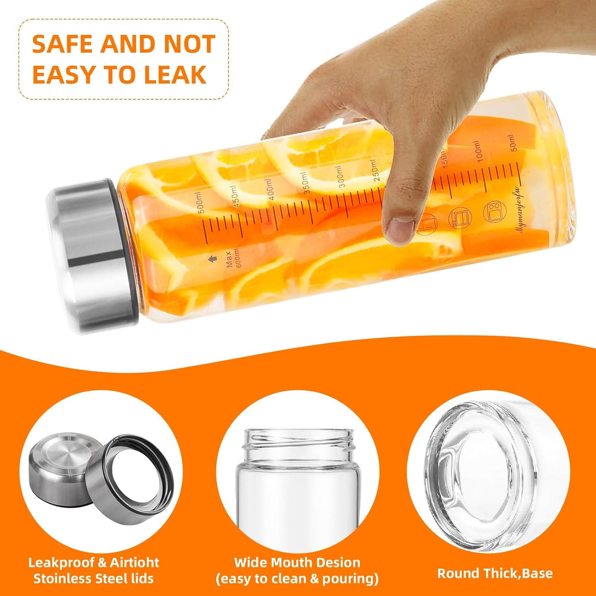 Glass Juice Bottles 6 Pack 20 oz - Wide Mouth Glass Water Bottles with Lids - for Juicing, Smoothies, Milk, Protein, BPA Free, Reusable, Stainless Steel Lids, Leak Proof, Shaker bottle (20oz/600ml)
