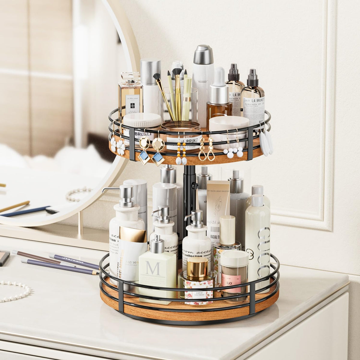 Lazy Susan Turntable Organizer Adjustable - 2 Tier Wood Rotating Spice Rack 12 Inch Lazy Susan for Kitchen Countertop Cabinet Pantry Cupboard Dining Table Bathroom Coffee Bar Home Storage