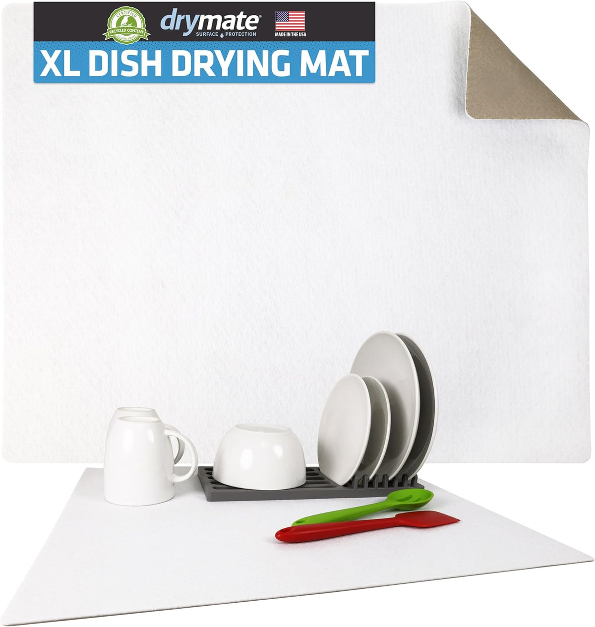 Drymate XL Dish Drying Mat, Oversized (19”x24”), Low-Profile, Super Absorbent, Quick Dry Fabric, Waterproof & Slip-Resistant, for Kitchen Counter, Trimmable, Easy to Clean (USA Made)(White)