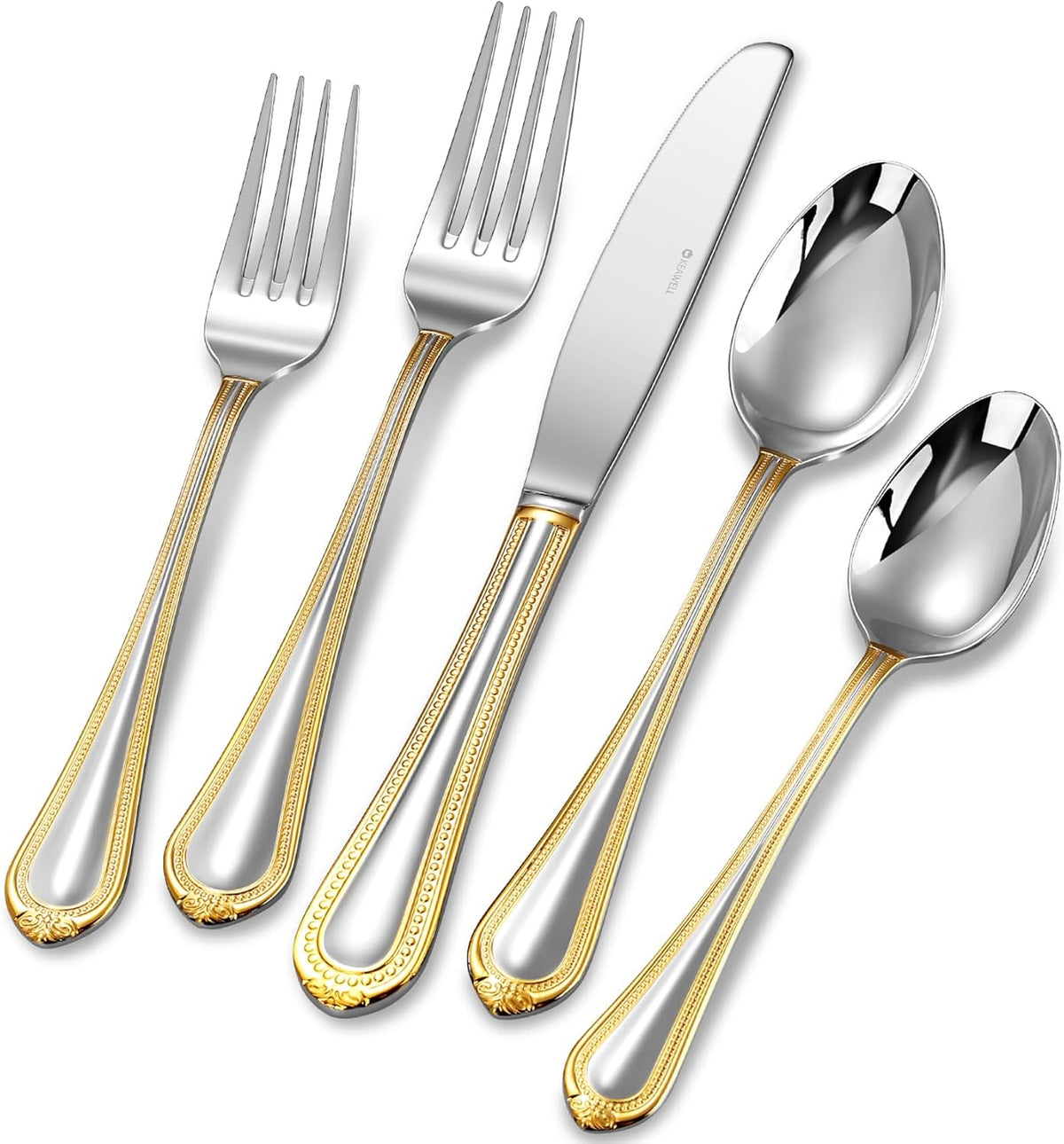 KEAWELL Pearl Edge Premium 65-Piece Refined Bead Silverware Set, 18/10 Stainless Steel, Service for 12, Fine Flatware Set with Serving Utensils, Dishwasher Safe (65, Gold Accent)