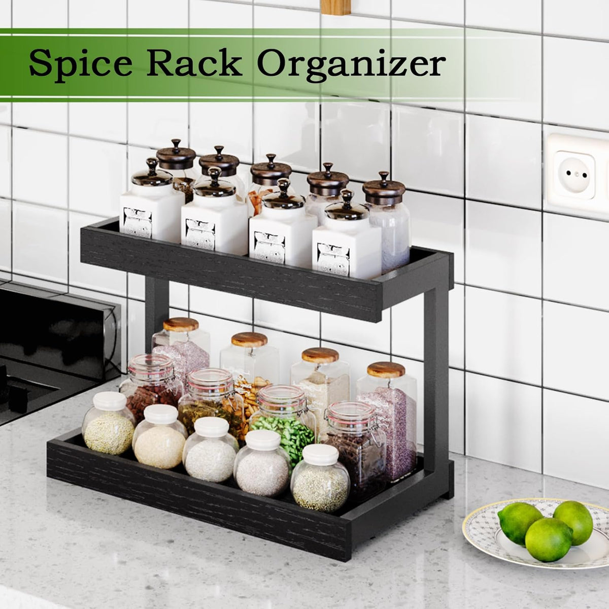 MARTY 2 Tier Spice Rack Organizer for Countertop, 15.8''L Coffee Station/Bathroom Organizer Countertop, Counter Shelf Desktop Storage Organizer for Kitchen, Bedroom, Office (Black)