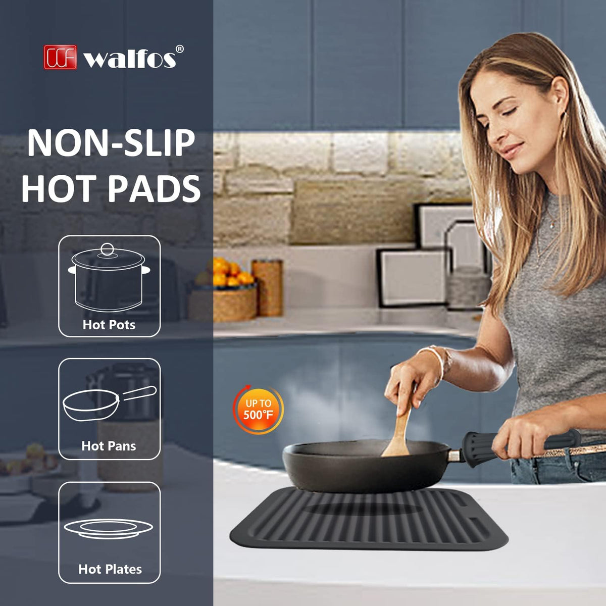 Walfos Trivets for Hot Dishes, Multi-Purpose Silicone Pot Holders, Hot Pads for Kitchen Hot Pots and Pans, Heat Resistant Silicone Mats for Kitchen Countertops, Non-Slip, 2 Pack, Black
