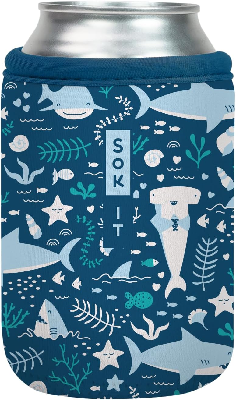 Sok It CanSok Sleeve for Beer & Soda Insulated Neoprene Cover (Happy Sharks, 12oz Can Sleeve)