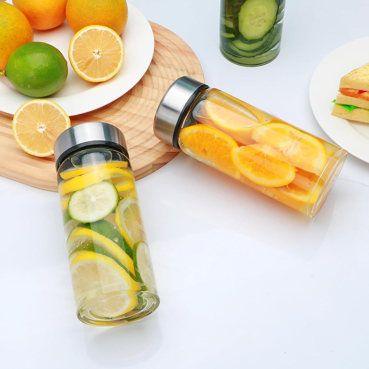 4 Pack Juice Bottles with Lids,12oz Wide Mouth Glass Bottles with Stainless Steel Cap,Reusable Glass Water Bottle for Juicing, Smoothies, Infused Water,Beverage Storage,BPA Free,Leakproof