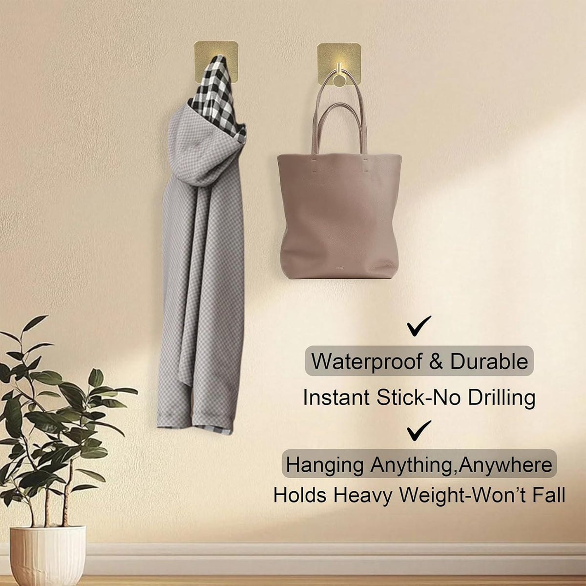 Aluminum Wall Hooks, No Drill Damage-Free Adhesive Hook, Product for Hanging Heavy Duty for Bathroom Kitchen Home (Single Square Gold Hook, 4)