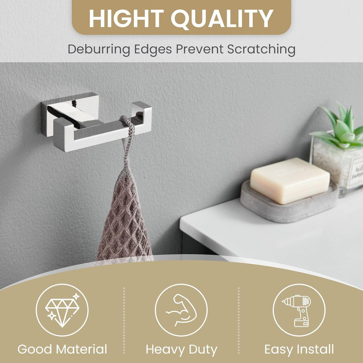 Suyar Double Towel Hook, SUS304 Stainless Steel Bathroom Hand Towel Holder, Bath Coat Robe Hanger Polished Chrome, Wall Mounted
