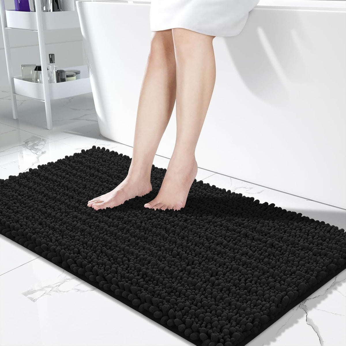 Yimobra Bathroom Runner Rug 55x24 Inch - Extra Long Non Slip Chenille Bath Mat, Soft & Absorbent, Machine Washable Shaggy Hallway Carpet for Vanity Tub Shower, Black Home Decor Accessories
