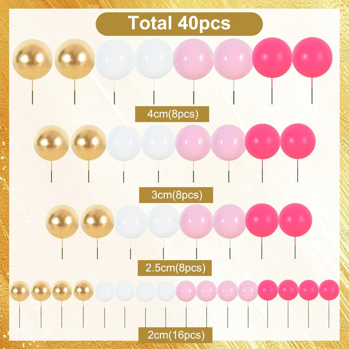 BEISHIDA 40 Pcs Foam Ball Cake Toppers with Sticks Mini Cake Decorations for Birthdays, Weddings, Baby Showers, DIY Baking Supplies, Anniversary Party (Hot Pink，Pink，White，Gold)