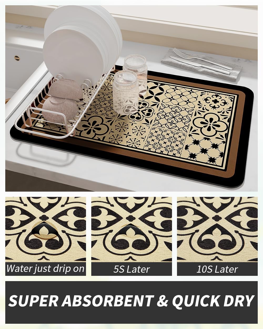 AMOAMI Coffee Mat Hide Stain Rubber Backed Absorbent Dish Drying Mat for Kitchen Counter - Fits Under Coffee Maker or Machine - Khaki 17x31.5