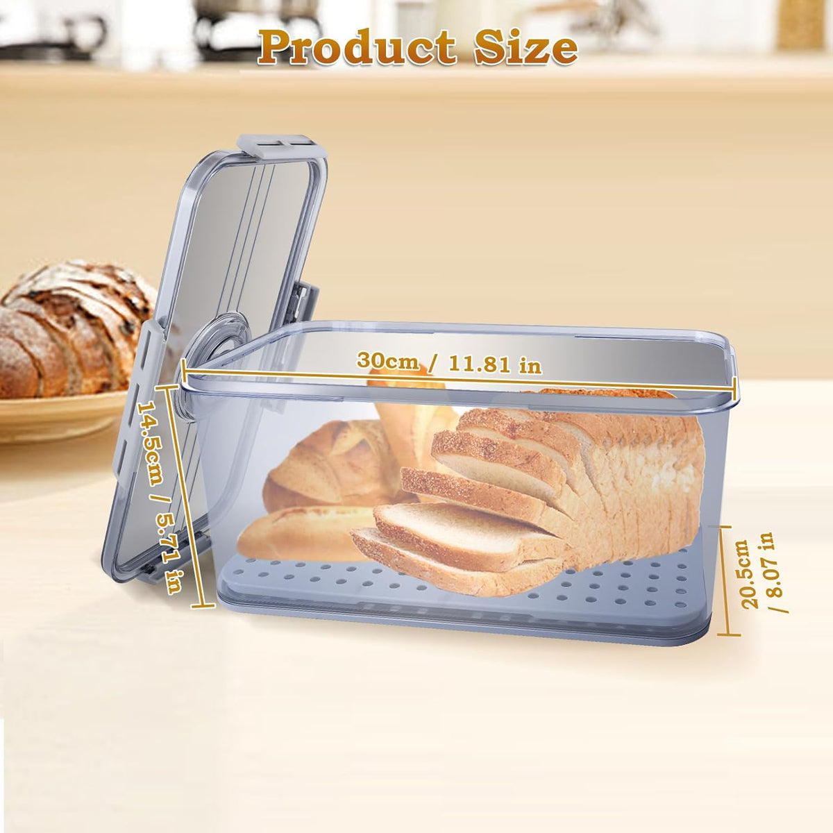 Bread Box for Kitchen Counter, Time Recording Bread Storage Container with Lid, Transparent Bread Storage Device with Drainage Pad, Homemade Bread Storage Container, Toasted Bread 11.8"x8.07"x5.71"