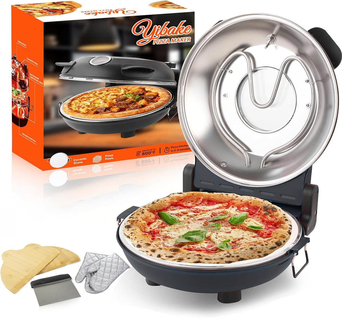 12" Electric Pizza Oven - Countertop Pizza Maker with Ceramic Stone, Heats up to 800°F, Portable Indoor Pizza Oven for Homemade Pizzas, Grey
