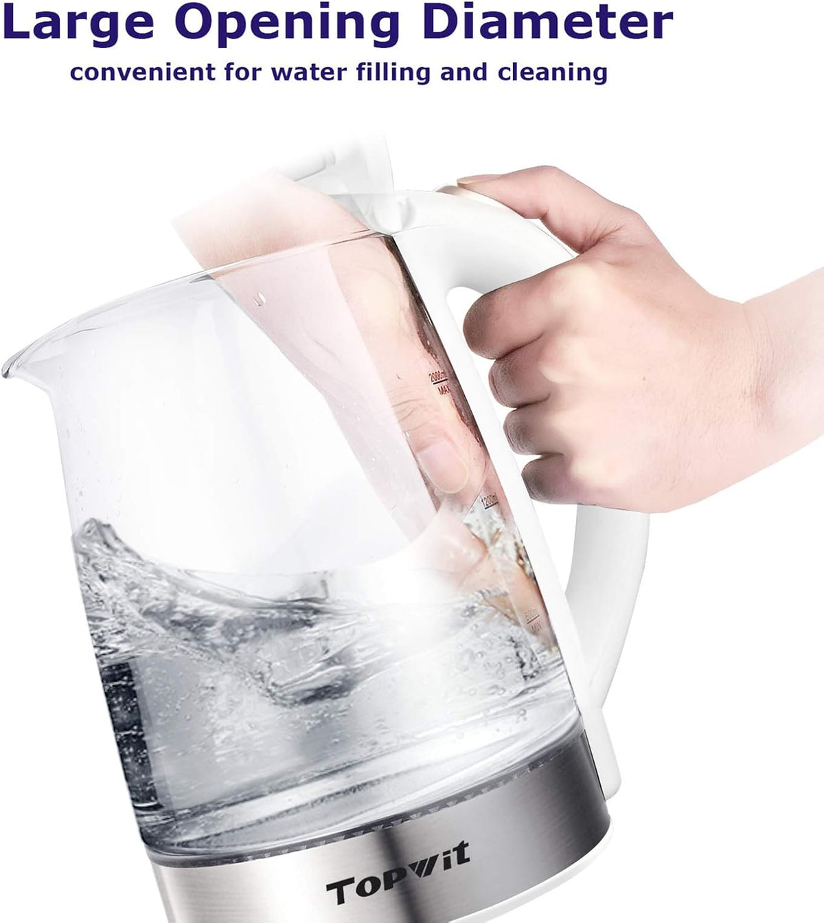 Topwit Electric Kettle Glass Electric Tea Kettle, 2L BPA-Free Hot Water kettle, Stainless Steel Inner Lid and Bottom Water Warmer, Fast Heating with Auto Shut-Off and Boil Dry Protection, White