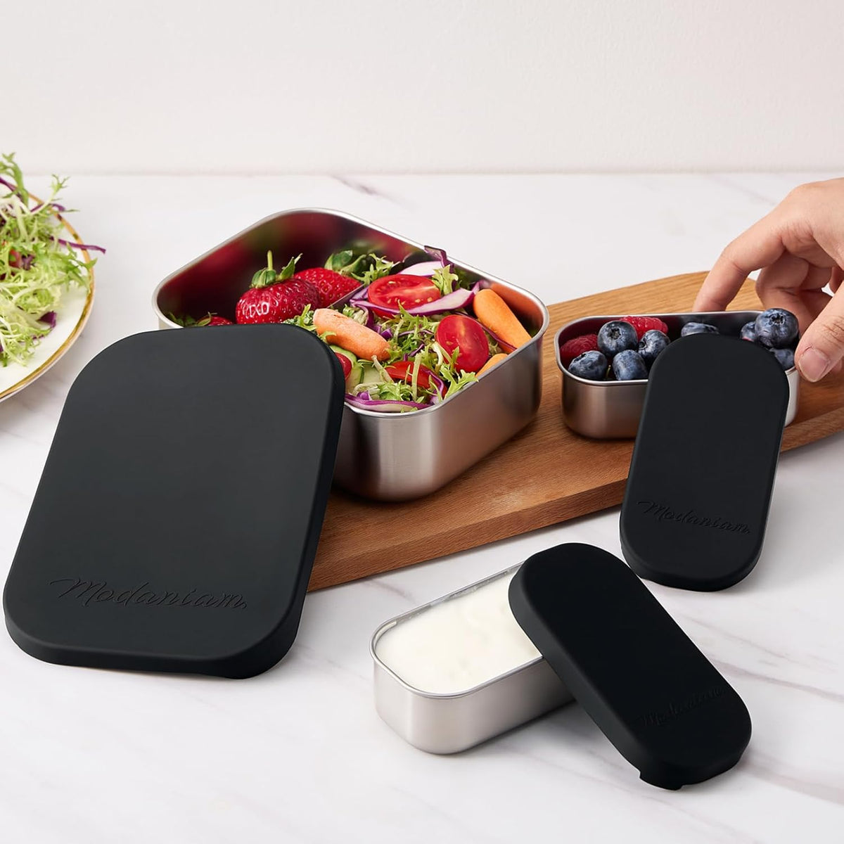 Flexibento - Leak proof Stainless Steel Lunch Box | Bento Box |Food , Lunch Containers with Silicone Lids| sandwich and Snack Containers |Metal lunch Box |Black | 27 OZ, 2*6.5 OZ| Adjustable Divider