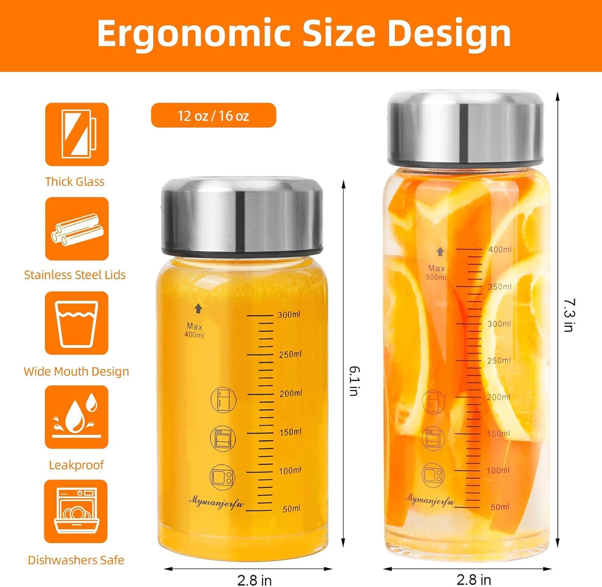 Glass Juice Bottles 6 Pack 12 oz - Wide Mouth Glass Water Bottles with Lids - for Juicing, Smoothies, Milk, Protein, BPA Free, Reusable, Stainless Steel Lids, Leak Proof, Shaker bottle (12oz/400ml)