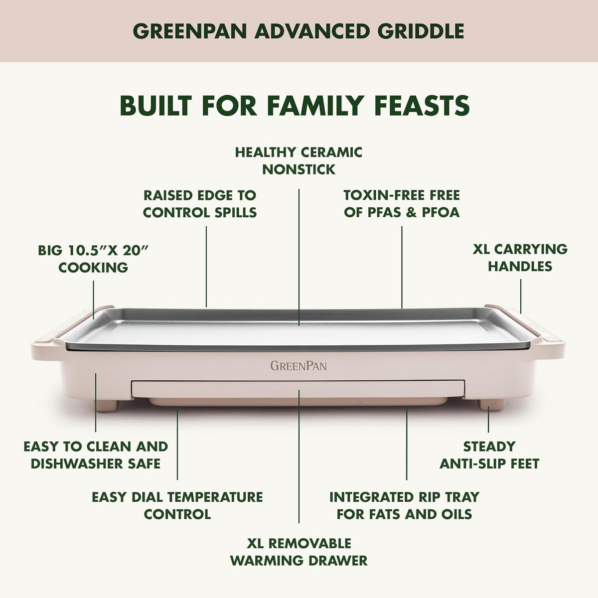 GreenPan Advanced 10.5”x 20” Electric Griddle with Warming Drawer, Healthy Ceramic Nonstick PFAS-Free Coating, Temperature Control, Easy and Versatile Countertop Meals, Dishwasher Safe, Clay
