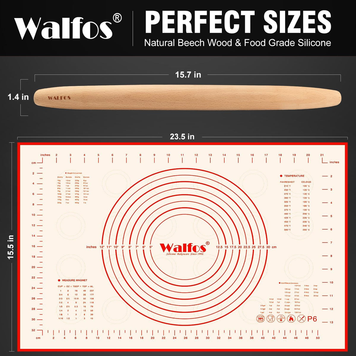 WALFOS French Rolling Pin and Silicone Baking Mat Set, Non-Stick Beech Wood Rolling Pin 15.7 Inch and Pastry Mat for Best Pie Crust, Cookie, Pasta and Pizza Dough