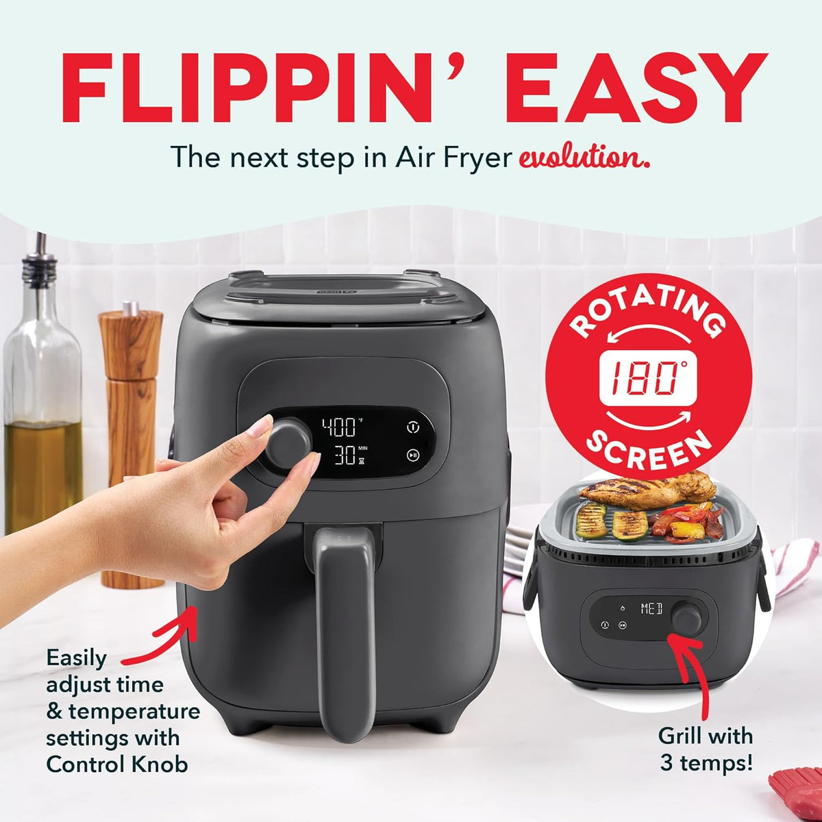 DASH Flip & Fry 2-in-1 Grill + Air Fryer, 3 QT