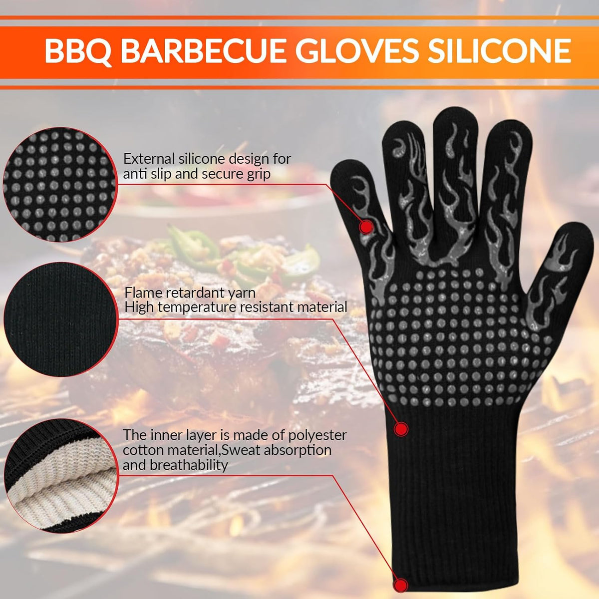 1 Pair Grill Oven Mitts, 1472°F Heat Resistant BBQ Gloves for Cooking, Non-Slip Silicone Oven Gloves, Barbecue Grill Gloves BBQ Mitts (Black-Flame Pattern)