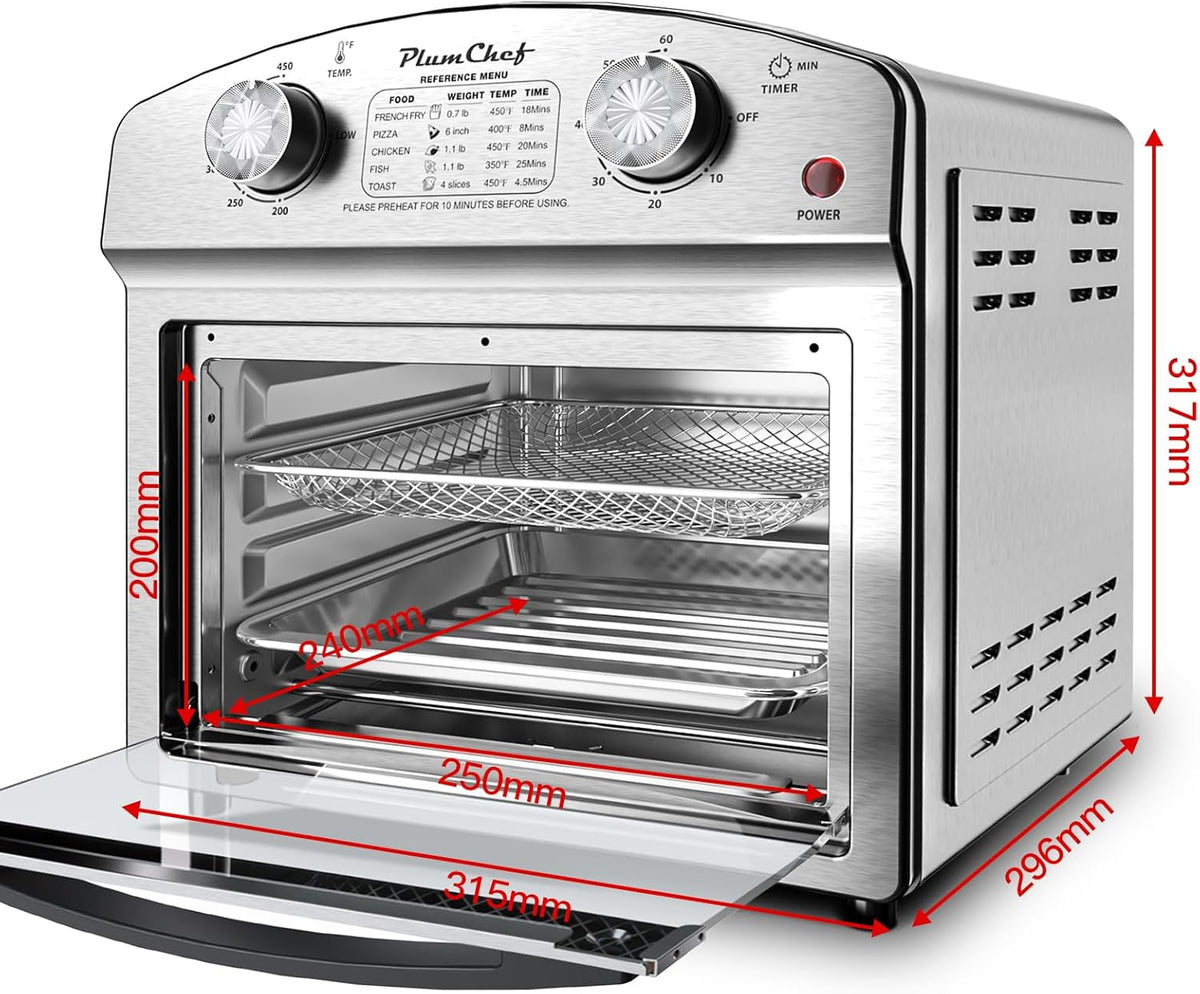 PlumChef 13 Quart 4 Slices Air Fryer Convection Toaster Oven with Reference Menu, 1500W,Multifunction with Roast, Bake, Grill, Broil, Silver