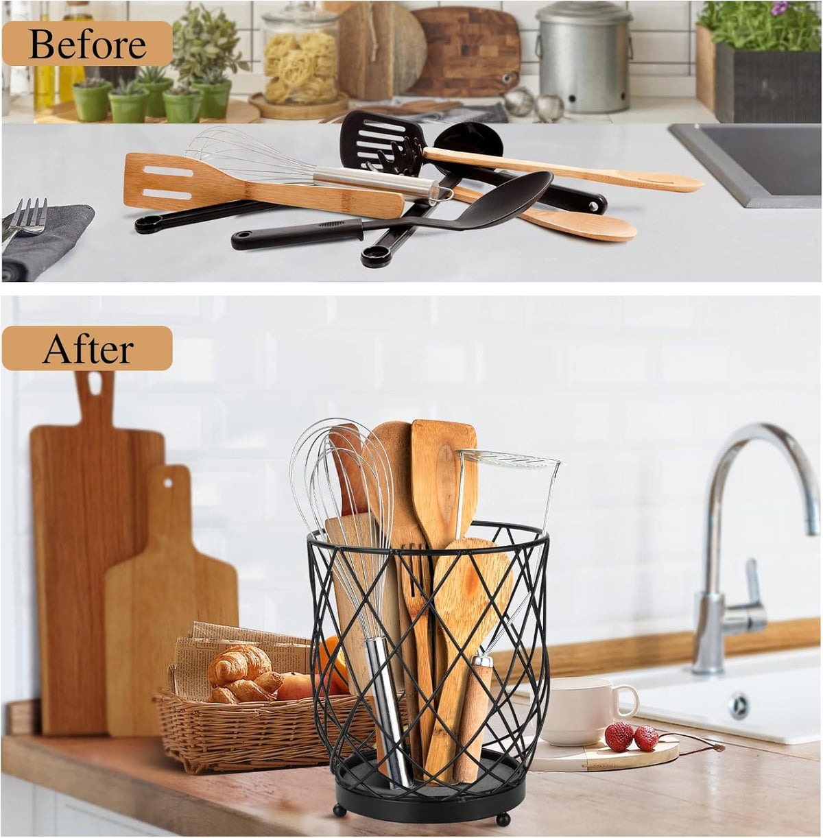 MACEVIA Utensil Holder for Kitchen Counter, Large Black Metal Organizer with Diatomaceous Earth Base, 6.3" x 5" x 7.5", Countertop Storage for Spoons, Spatulas and Cooking Utensils