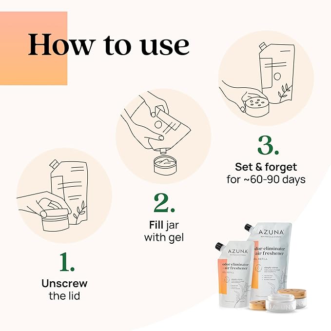 Azuna Air Freshener & Odor Eliminator for Strong Odor | 2 Room Kit Includes (2) Empty Luxe Glass Jar & 12oz Gel Refill with Tea Tree Essential Oil | Simply Citrus | Last 60-90 Days