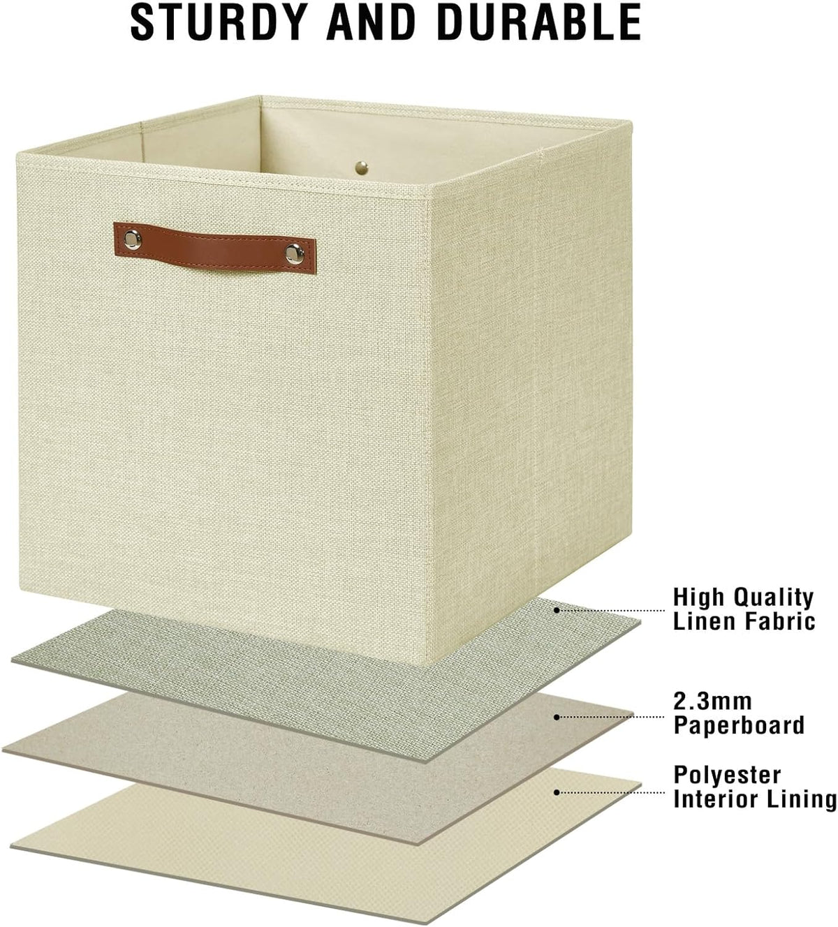 Collapsible Fabric Storage Cube Bins with 2 Reinforced PU Handles, Foldable Storage Organizer Baskets for Closet, Shelves, Living Room | 13"x13"x13", 4 Pack, Full Beige