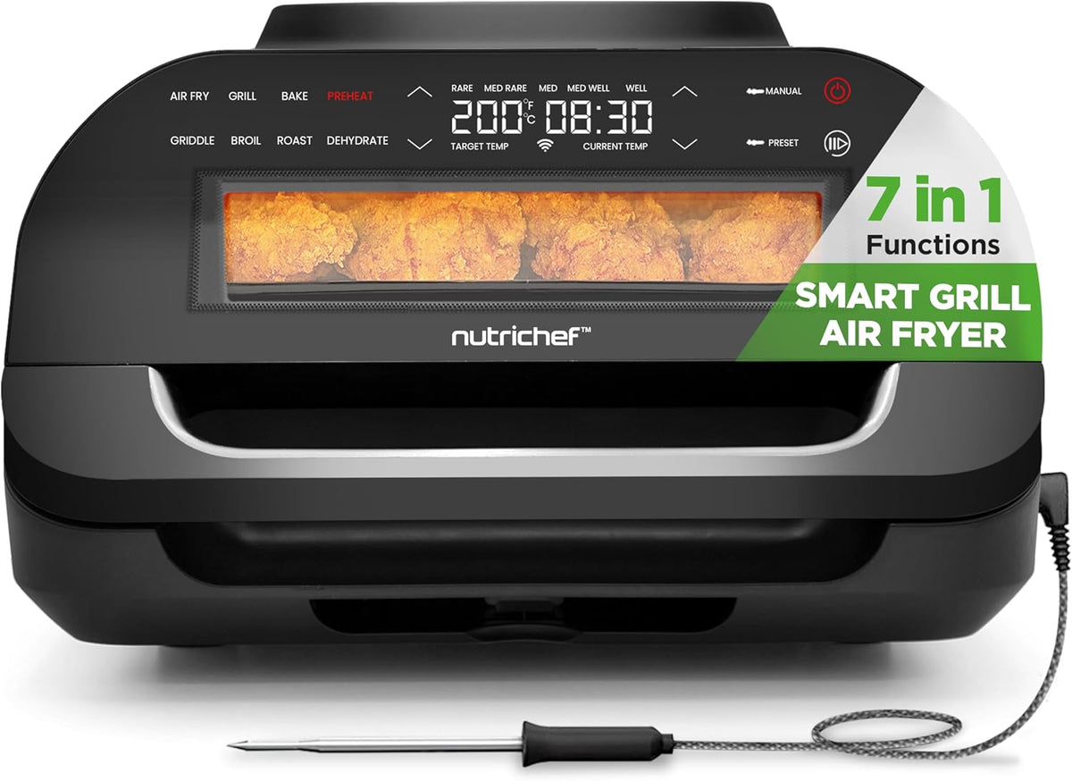 NutriChef Indoor Smokeless Grill | Smart Grill & Air Fryer with 7 Cooking Functions | 6L Capacity | Includes Smart Thermometer | Precise Temperature Control | Non-Stick Removable Grill Plates