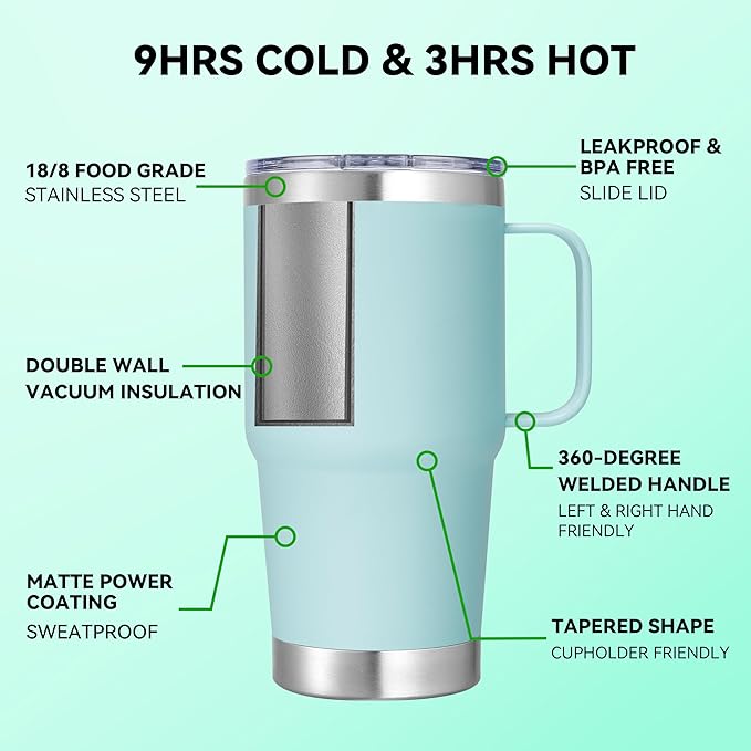 20 oz Stainless Steel Tumbler with Handle Metal Insulated Coffee Travel Mug with Handle Double Wall Tumbler Cup with Lid and Straw, Mint Green 1 Pack