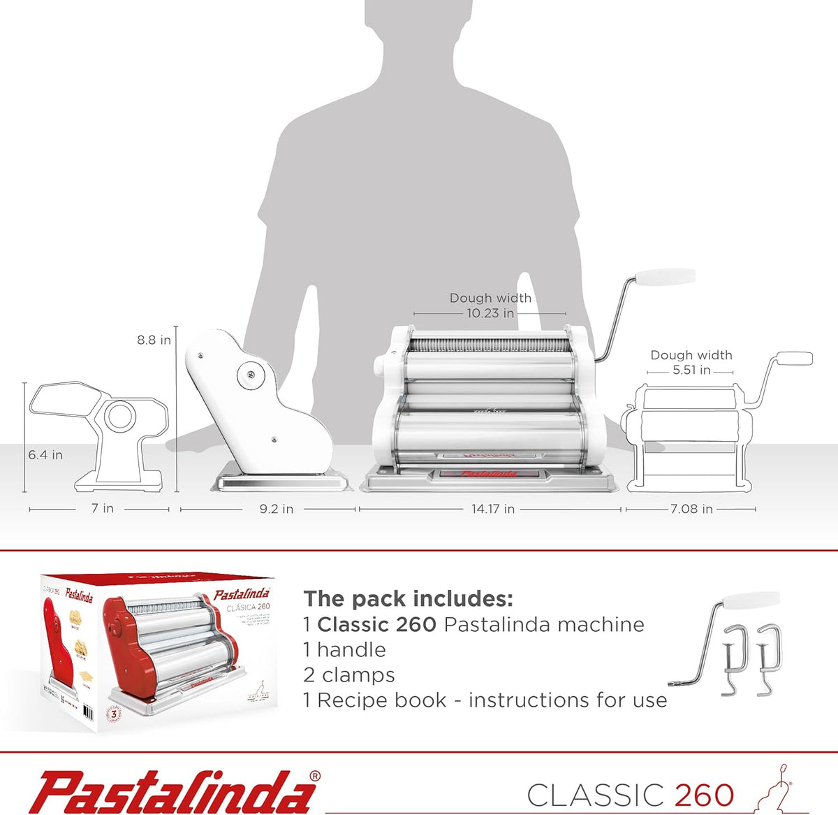 PASTALINDA Classic 260 Pasta Maker Machine, 26 cm Wide Rollers, 9 Thickness Positions, 2 Cutting Positions, Stainless Steel. Includes Reinforced Hand Crank And Two Clamps (White)