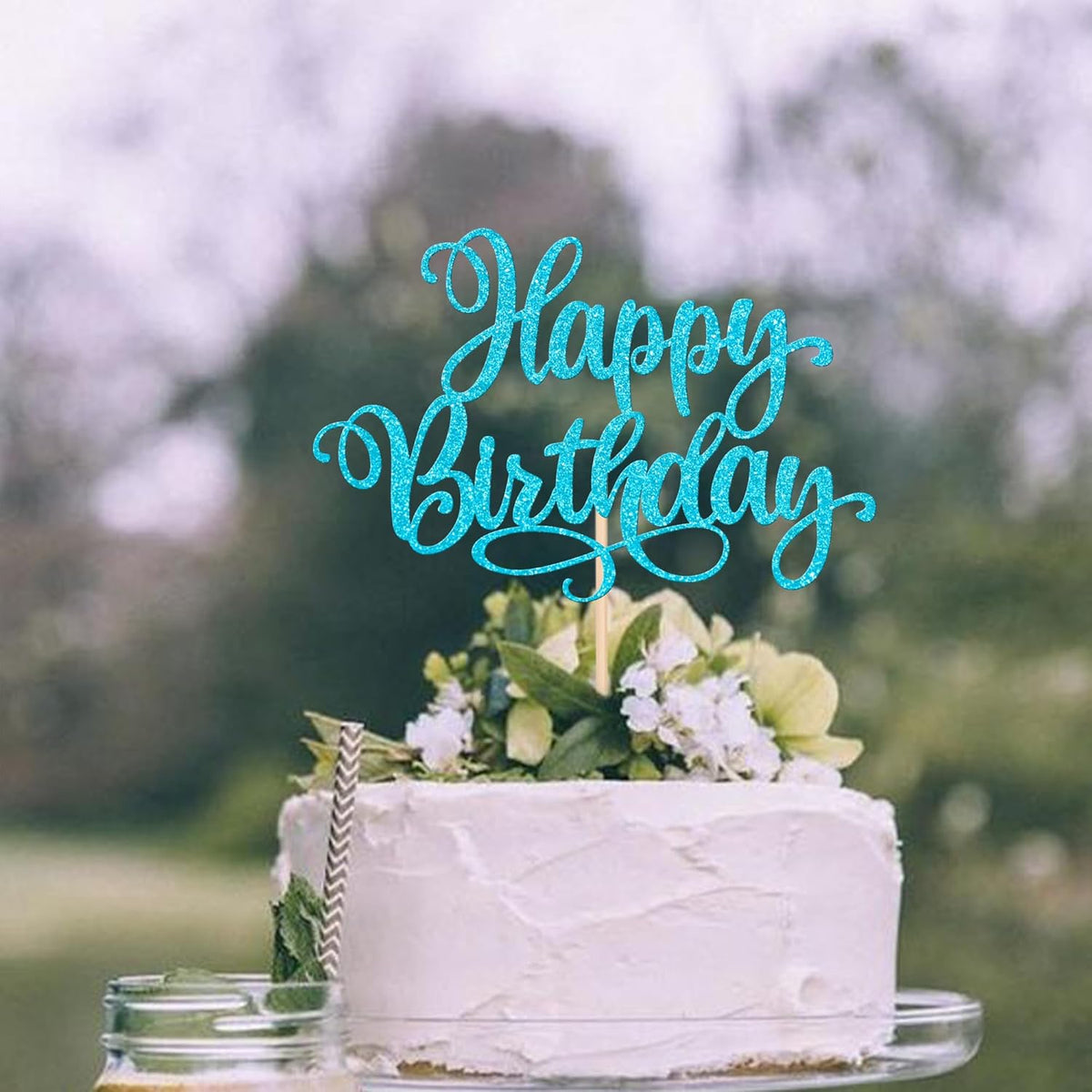 ZHUOWEISM 1 PCS Happy Birthday Cake Topper Glitter Cake Pick for Celebrating Anniversary Party Cake Decorations Supplies Lake Blue