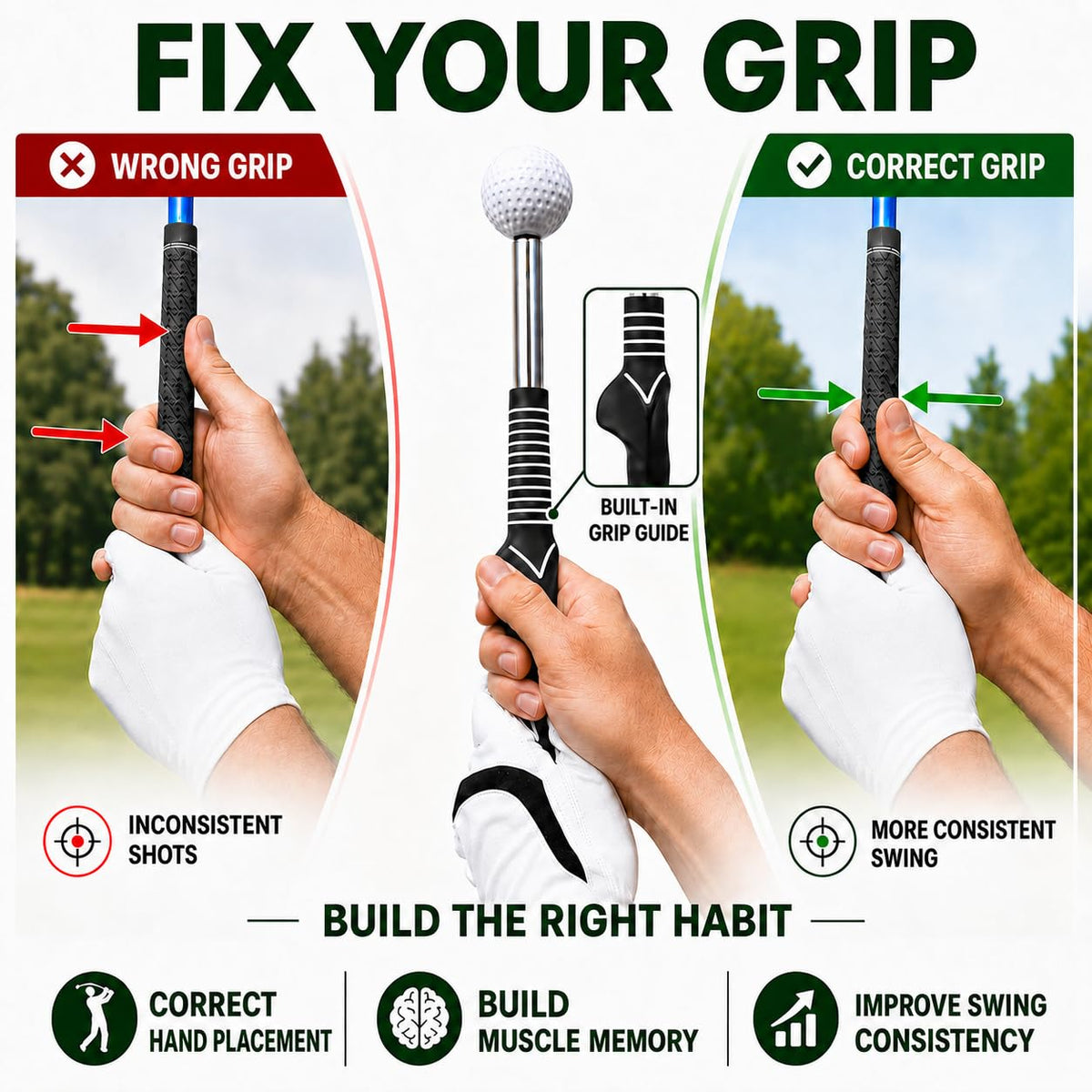 FODESAN Retractable Golf Swing Trainer, Training Aid with Grip Trainer, Swing Mechanics for Beginners & Tempo Training for Advanced, Click Feedback, Muscle Training, Indoor/Outdoor