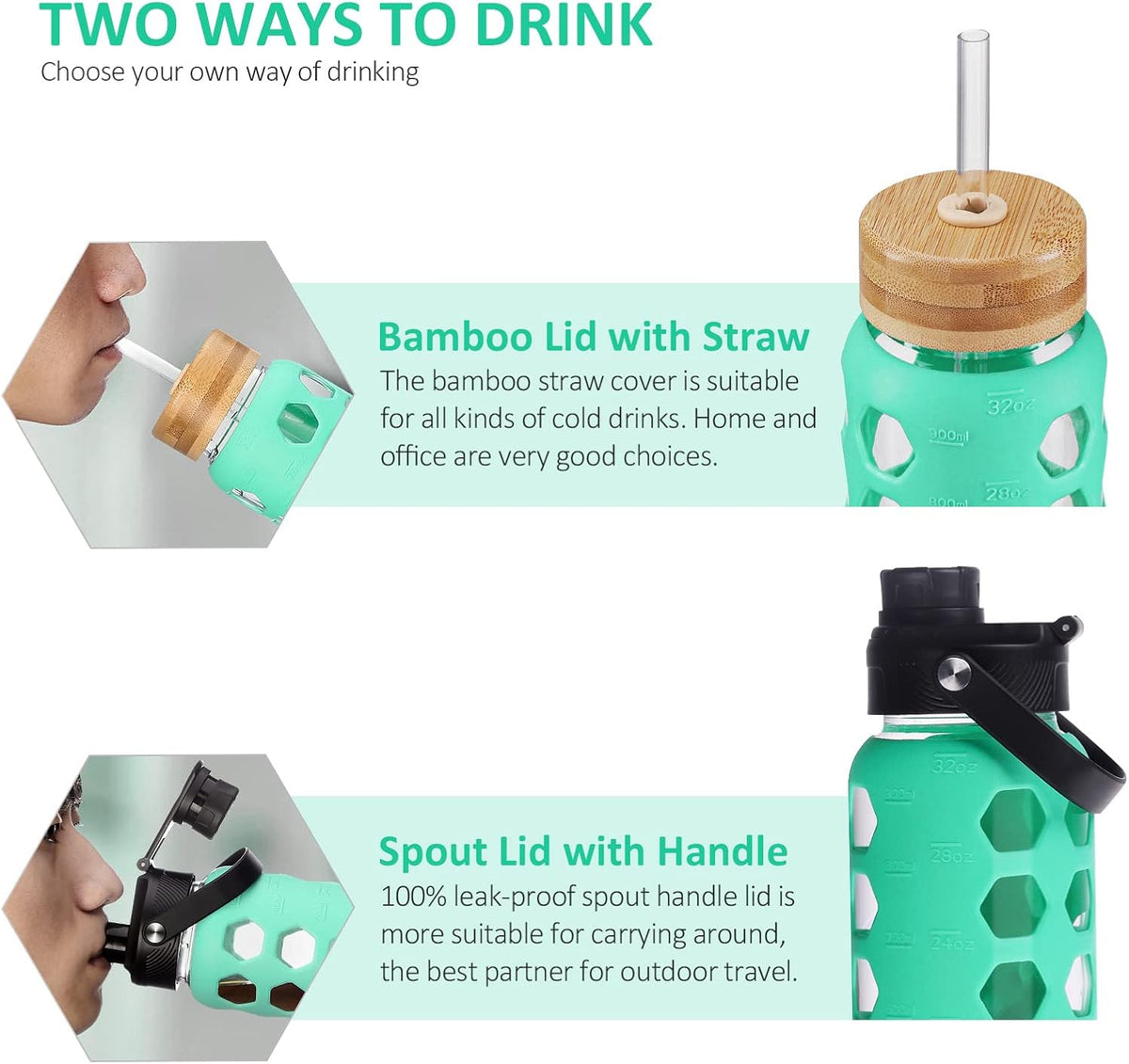 MUKOKO 32oz Glass Water Bottles with 2 Lids-Handle Spout Lid&Bamboo Straw Lid, Motivational Water Tumbler with Time Marker Reminder and Silicone Sleeve, Leakproof-Green-1 Pack